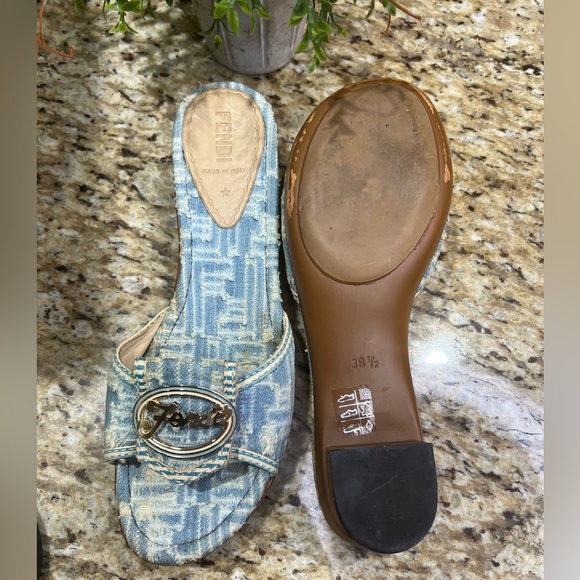 Fendi Distressed Denim w/ Gold Hardware & Cutout Block Heel Mules 38.5 - Picture 9 of 10